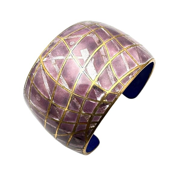 Vintage Artisan David Kuo Champleve Enamel Cuff Bracelet Pink Abstract 6.5 Inch - Picture 5 of 5